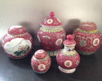 Vintage Chinese Mun Shou Porcelain 5 Jars Longevity Famille Rose Pattern by Jingdezhen Factory