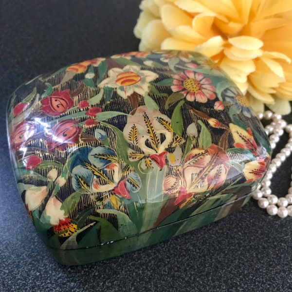Kashmir Lacquered Paper Mache Jewelry Box Hand Painted with 22K Gold Leaf Signed