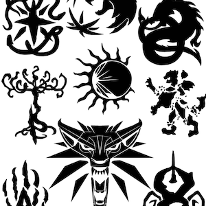 May include: Black and white illustrations of various symbols, including a wolf, a dragon, a sun, a tree, a paw print, and a lion. The symbols are all in a stylized, graphic design style.