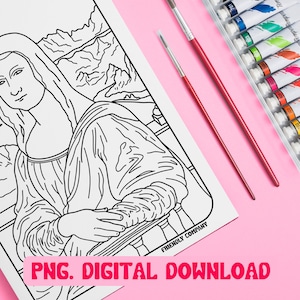 May include: A black and white line art coloring page of the Mona Lisa. The image includes the text "PNG. DIGITAL DOWNLOAD" and "FRIENDLY COMPANY".