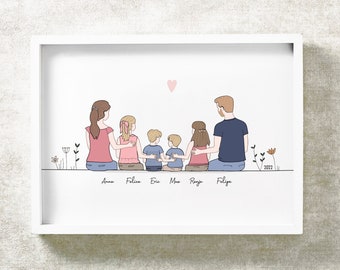 Doodle Family Illustration avec animal de compagnie, Portrait de famille personnalisé, Liner, Illustration de portrait personnalisé, décor, Familienportrait