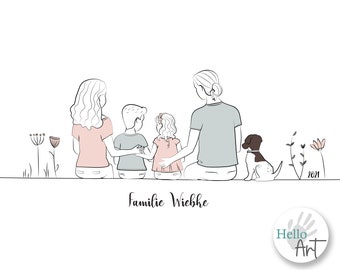Custom Family Portrait with pets, doodle family liner illustration, personalized portrait illustration, wall decor, Familienportrait