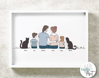 Custom Family Portrait, Family illustration, Personalized portrait illustration, wall decor, gift for her, gift for mother