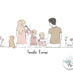 Custom Family Portrait with pets doodle family portrait, liner illustration, personalized portrait illustration, mothersday gift