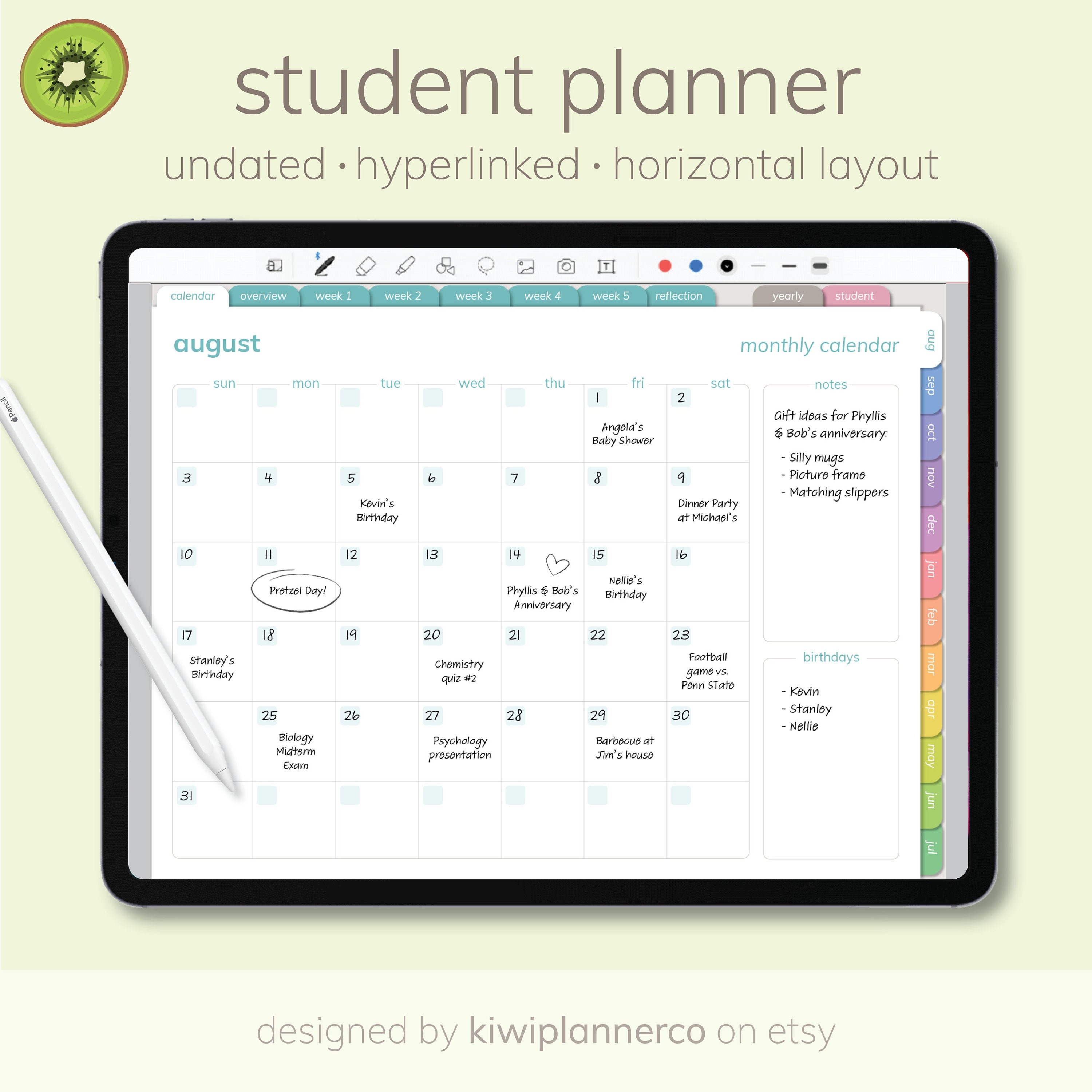 Calendars & Planners Digital Planner Hyperlinked Notability Horizontal