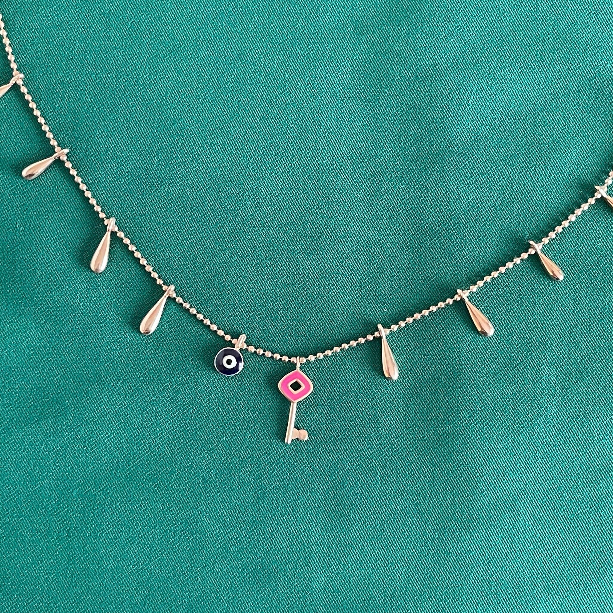 Key Chain Necklace 925 Solid Sterling Silver Pink Enamel Key Etsy UK