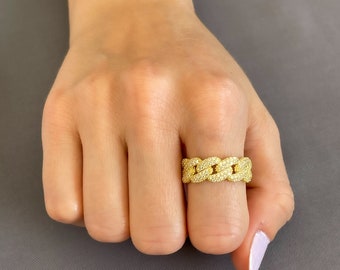 Pavé CZ Chain Link Ring 925 Solid Sterling Silver Ring Gold Vermeil Stackable Ring Dainty Ring