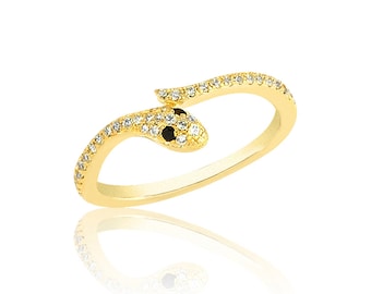 Snake Black Eye Ring Cubic Zirconia Gemstone 925 Solid Sterling Silver Gold Vermeil Statement Ring