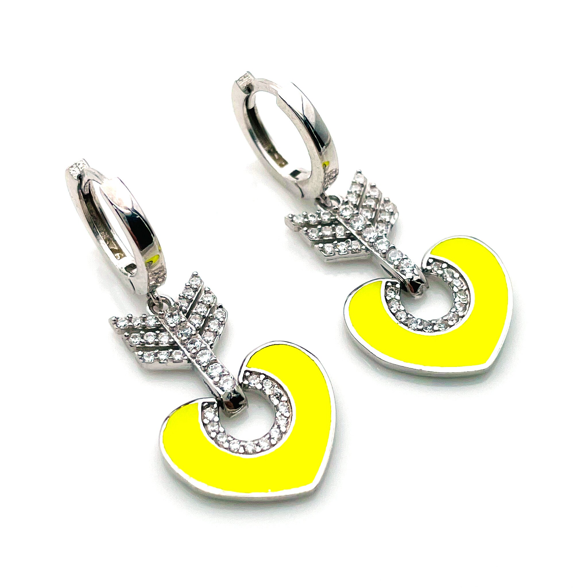 Yellow Enamel Heart Drop Earring 925 Solid Sterling Silver Zirconia ...