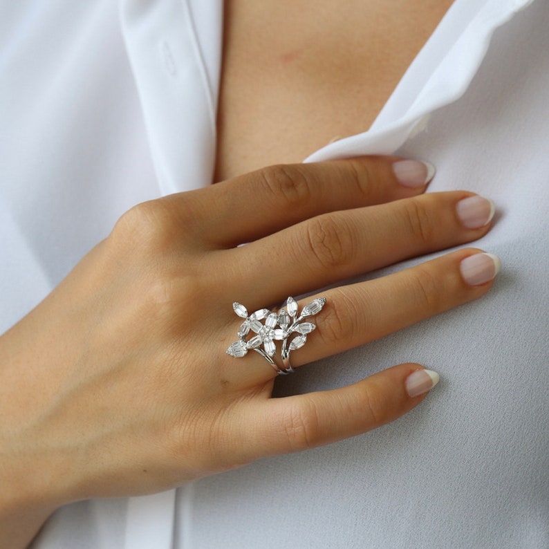 Baguette Flower Ring 925 Solid Sterling Silver Rose Gold Vermeil Clear Zirconia Statement Ring image 1