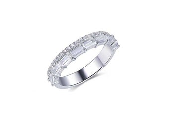 Baguette Stone Ring Clear Zirconia Gemstone Ring 925 Solid Sterling Silver Double Line Pave Ring