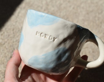 Handmade mug ceramic pottery howdy mug cow print blue pinch mug funky mug
