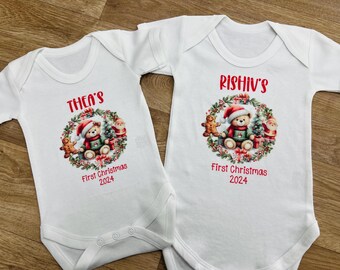NEW Personalised 1st Christmas | Baby Vest | 1st Christmas | Cute Teddy | Cotton | Christmas 2024