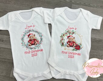Personalised 1st Christmas | Baby Vest | 1st Christmas | Cute Teddy | Cotton | Christmas 2023
