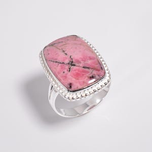 Handmade Pink Rhodonite Statement Ring, 925 Sterling Silver, Boho Jewelry