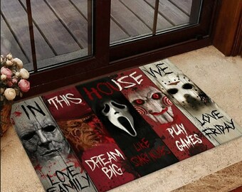 In This House Horror Characters Halloween Doormat, Horror Movie Halloween Doormat, In This House We Home Decor Mat, Halloween Gift