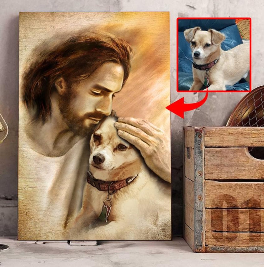 Personalized Memorial Pet Wall Art Canvas, Jesus God Hug a Dog