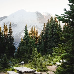 May include: A wooden picnic table with two benches sits in a clearing in a forest. The table is made of rough-hewn wood and has a natural finish. The benches are also made of wood and have a natural finish. The table and benches are surrounded by tall evergreen trees. In the background, a snow-capped mountain peak rises above the trees.