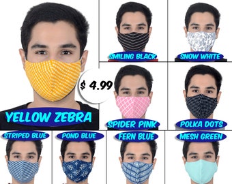UNISEX WASHABLE Adult Face Mask, Triple layer, COTTON Fabric Cloth, Pattern mask, Reusable, Breathable, Adjustable, Nose wire, Filter pocket