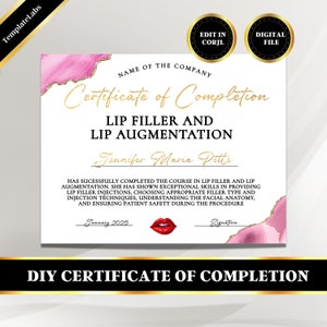Lip Filler Certificate, Injector Nurse, Lip Filler Template, Printable Certificate of Completion, Training Certificate, Corjl File, DIY File