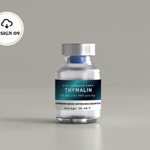 May include: A clear glass vial with a silver cap and a blue stopper, featuring a dark teal label that reads THYMALIN, 50 mg vial 99% purity, FOR RESEARCH USE ONLY. NOT FOR HUMAN CONSUMPTION, and storage: 36-46&deg;F. A circular logo with a cloud icon reads DESIGN 09.