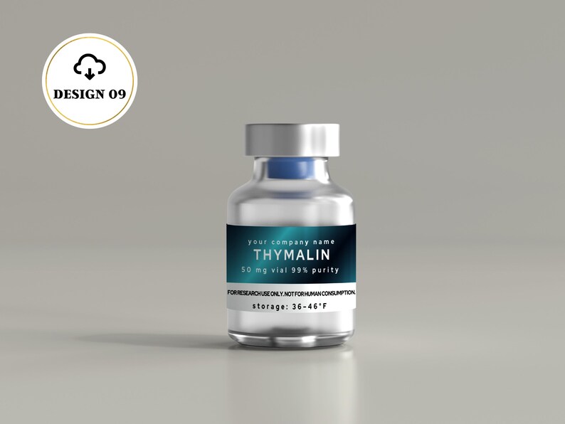 May include: A clear glass vial with a silver cap and a blue stopper, featuring a dark teal label that reads THYMALIN, 50 mg vial 99% purity, FOR RESEARCH USE ONLY. NOT FOR HUMAN CONSUMPTION, and storage: 36-46&deg;F. A circular logo with a cloud icon reads DESIGN 09.