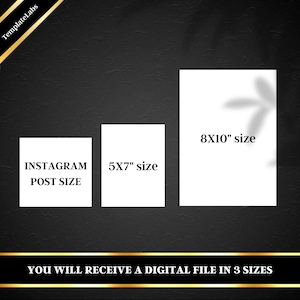 Puede incluir: Tres rect&aacute;ngulos blancos con texto negro sobre un fondo negro. Los rect&aacute;ngulos muestran los diferentes tama&ntilde;os de un archivo digital: tama&ntilde;o de publicaci&oacute;n de Instagram, 5x7 pulgadas y 8x10 pulgadas.