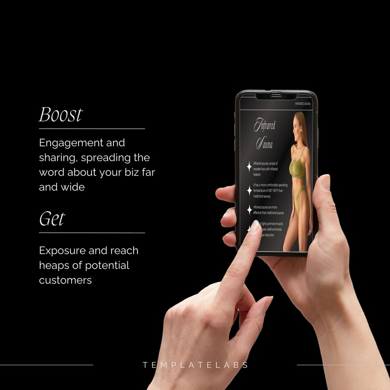 May include: A smartphone displaying a website for an infrared sauna. The website text reads "Infrared Sauna" and lists the benefits of using an infrared sauna. The phone is being held by a person's hand.