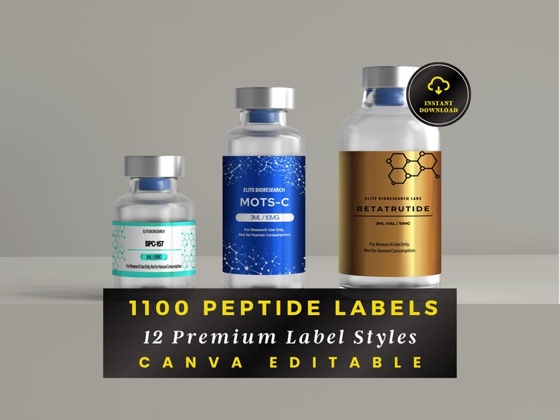 May include: Three clear glass vials with silver caps featuring labels for BPC-157, MOTS-C, and RETATRUTIDE. A black banner at the bottom displays the text 1100 PEPTIDE LABELS 12 Premium Label Styles CANVA EDITABLE. A circular icon reads INSTANT DOWNLOAD.
