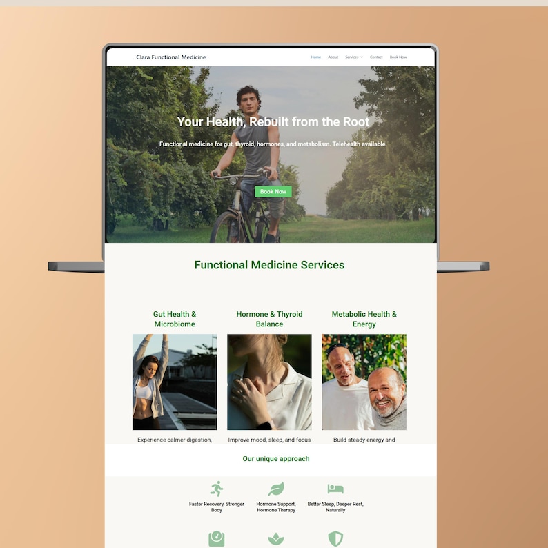 K&ouml;nnte beinhalten: Ein Laptop zeigt die Website von Clara Functional Medicine. Die Seite zeigt einen Mann auf einem Fahrrad, den Text "Your Health, Rebuilt from the Root" und Informationen zu Darmgesundheit, Hormonen und Stoffwechsel. Telemedizin verf&uuml;gbar.