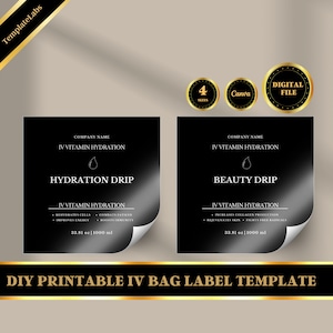 IV Bag Label, IV Hydration Printable, Printable Label, DIY Label, Editable Canva Label, 4 Sizes, 3X3, 2.5X2.5, 2.5X4, 2.5X3.5, Digital File