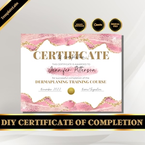 Dermaplane Certificate, Dermaplaning Certificate, Certificate Of Completion Template Editable, Certificate Template, Digital Download