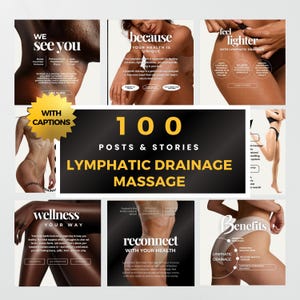 Könnte beinhalten: Eine Collage aus Bildern, die Lymphdrainage-Massagen bewerben. Die Bilder zeigen Frauen in verschiedenen Posen, mit Textüberlagerungen, die die Vorteile der Lymphdrainage hervorheben, wie z. B. ein leichteres Gefühl, eine verbesserte Durchblutung und eine Reduzierung von Blähungen. Der Text "100 Posts & Stories Lymphatic Drainage Massage" ist in der Mitte der Collage zu sehen.