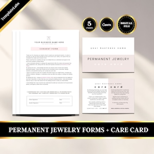 Permanent Jewelry Consent Forms, Waiver Permanent Jewelry, Client Form, Care Card, Aftercare Card, Fully Editable, Edit in Canva, DIY File