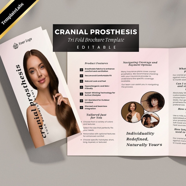 Cranial Prosthesis, Medical Wig, Hair system, Trifold Brochure Template, Printable Template, Canva Template, Fully Editable, DIY Brochure