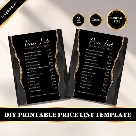 IV Hydration Template, Printable Price List Template, IV Drip Hydration, Editable Price List, Canva Printable, DIY Template, Digital File