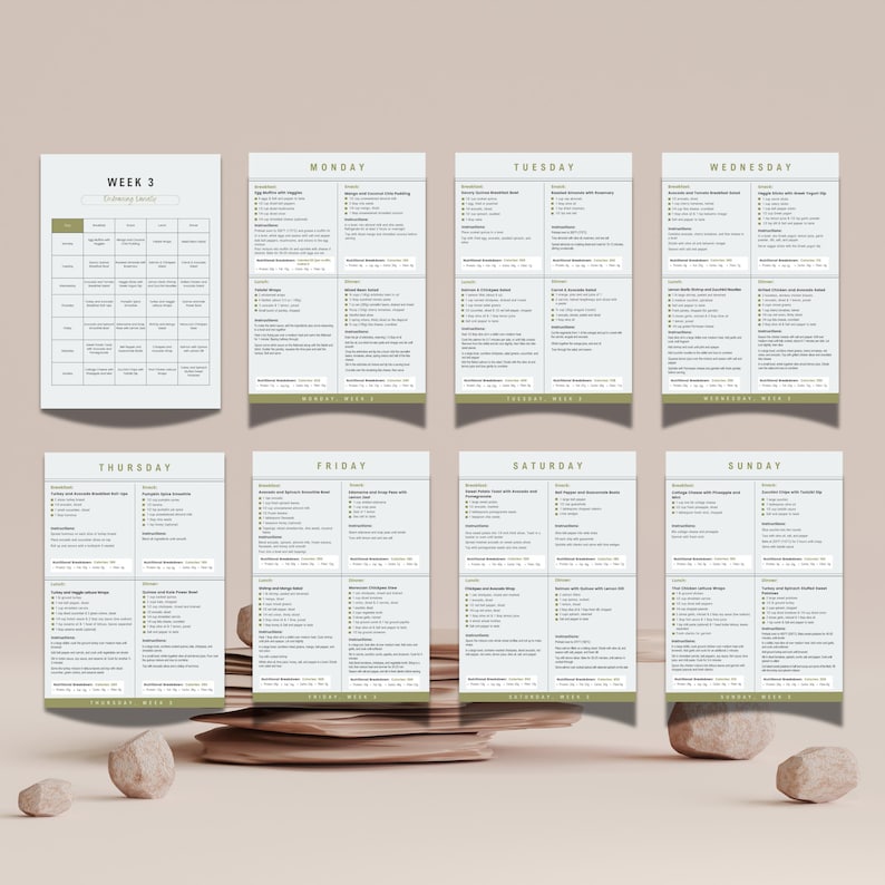 May include: A weekly meal planner with a green and white color scheme. The planner is divided into seven days of the week: Monday, Tuesday, Wednesday, Thursday, Friday, Saturday, and Sunday. Each day has a section for breakfast, lunch, dinner, and snacks. The planner includes a section for "Week 3" and "Dietary Details".