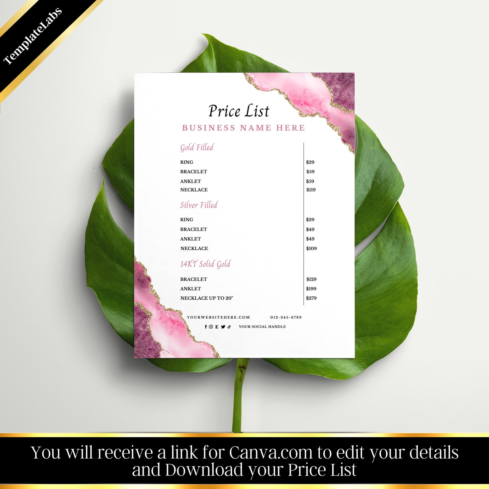 Permanent Jewelry Price List, Printable Price List, Price Guide Canva 