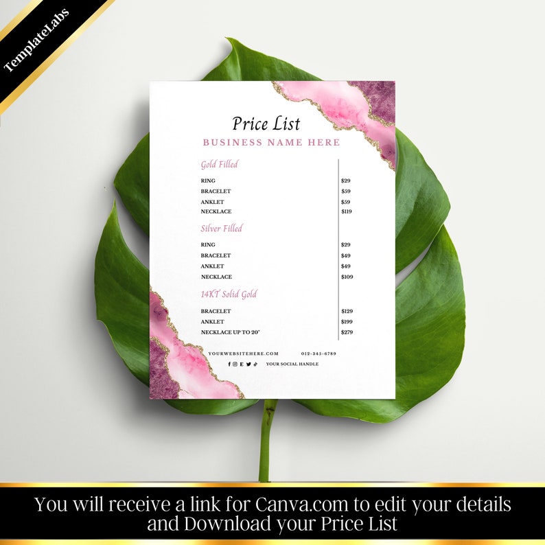 Permanent Jewelry Price List, Printable Price List, Price Guide Canva