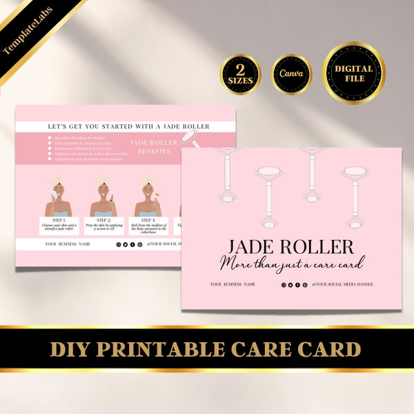 Face Roller Jade, Jade Roller, Quartz Roller,  Care Card Template, Printable Editable, Canva Template, DIY Template, Digital File