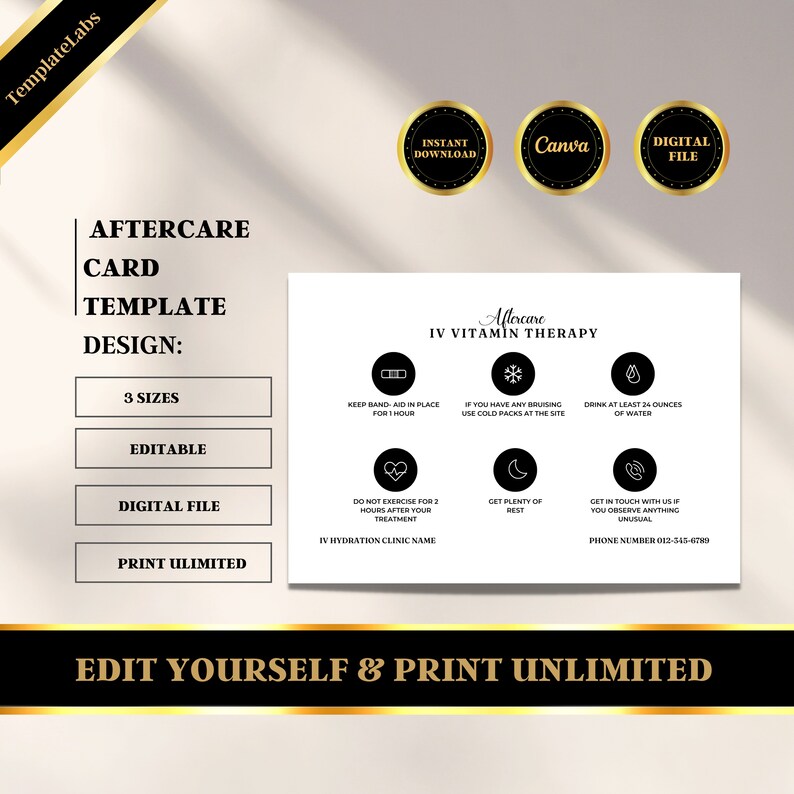 May include: A white printable aftercare card template for IV vitamin therapy. The card includes instructions for aftercare, such as keeping a band-aid in place for one hour, using cold packs for bruising, drinking at least 24 ounces of water, not exercising for two hours, getting plenty of rest, and contacting the clinic if you observe anything unusual. The card also includes the text "Aftercare IV Vitamin Therapy" and the phone number 012-345-6789.