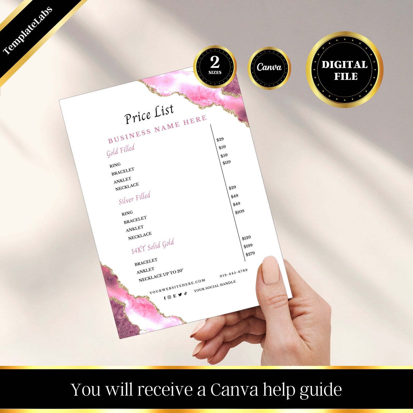 Permanent Jewelry Price List, Printable Price List, Price Guide Canva 