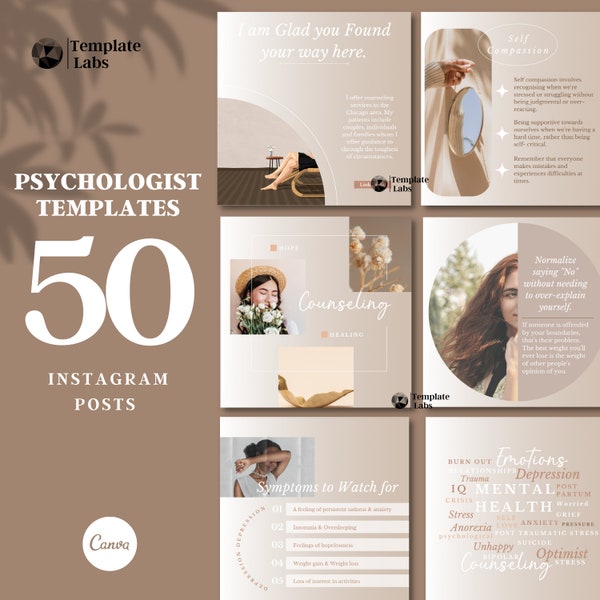 Psycholoog Social Media Bundel, Geestelijke Gezondheid Instagram Post, Counseling Instagram Sjabloon, Therapeut Instagram, Bewerkbare Canva Sjabloon