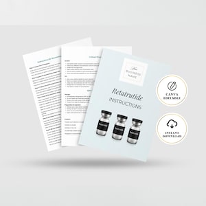 以下が含まれることがあります： 「Retatrutide Instructions」というタイトルの水色の取扱説明書。3つのバイアルと「Canva Editable」と「Instant Download」の文字があります。マニュアルには、2つの追加の取扱説明書が付属しています。