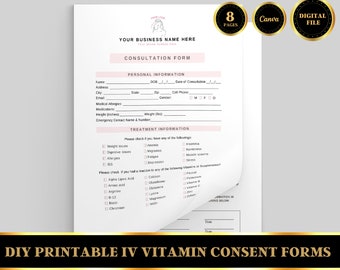 IV Hydration Therapy and Vitamin Infusion Form, IV Therapy Intake Form, IV Hydration Consent, Cancellation Policy, Editable Form, Diy File
