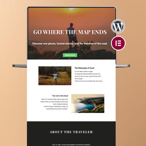 May include: A laptop screen displays a travel website with the headline "GO WHERE THE MAP ENDS." The site features images of landscapes and text about travel, with a call to action button that says "Explore More."