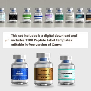 May include: A collection of clear glass vials with silver caps and various colored labels featuring text such as GHK-Cu, Retatrutide, and CJC-1295 + Ipamorelin. The image includes text stating: This set includes is a digital download and includes 1100 Peptide Label Templates editable in free version of Canva.