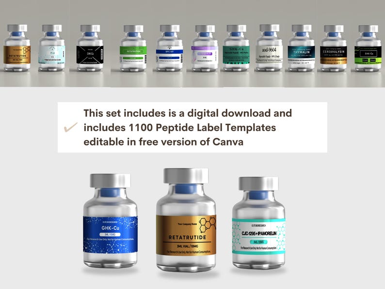 May include: A collection of clear glass vials with silver caps and various colored labels featuring text such as GHK-Cu, Retatrutide, and CJC-1295 + Ipamorelin. The image includes text stating: This set includes is a digital download and includes 1100 Peptide Label Templates editable in free version of Canva.
