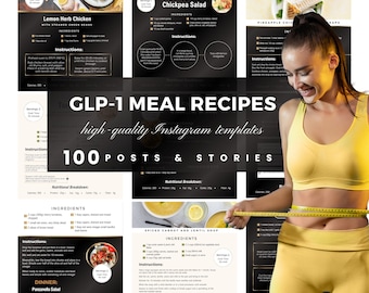 May include: A collection of 100 Instagram post and story templates for GLP-1 meal recipes. The templates feature black backgrounds with white text and images of various meals, including quinoa and chickpea salad, lemon herb chicken, and spiced carrot and lentil soup. The templates also include nutritional information for each meal.