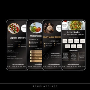 May include: Four recipe cards with black backgrounds and gold accents. Each card features a different recipe: Caprese Skewers, Mediterranean, Savory Quinoa Breakfast, and Zucchini Noodles with Pesto and Cherry Tomatoes. Each card includes a list of ingredients and instructions.